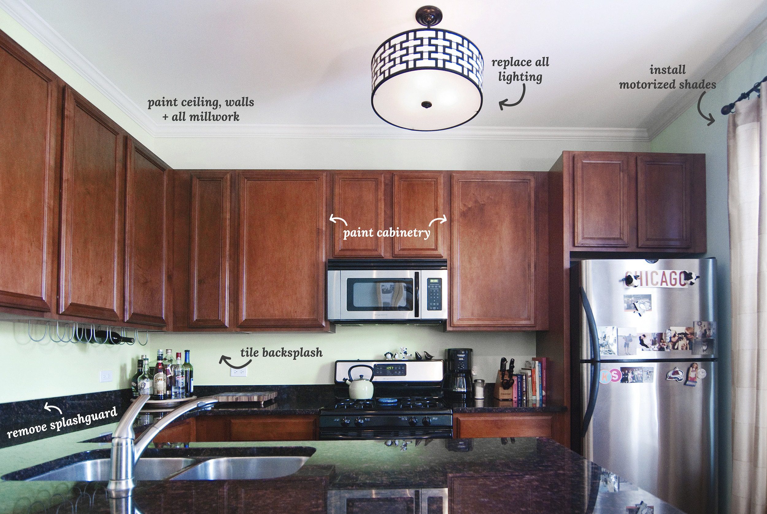 Our condo kitchen with text overlay of our project list! via Yellow Brick Home