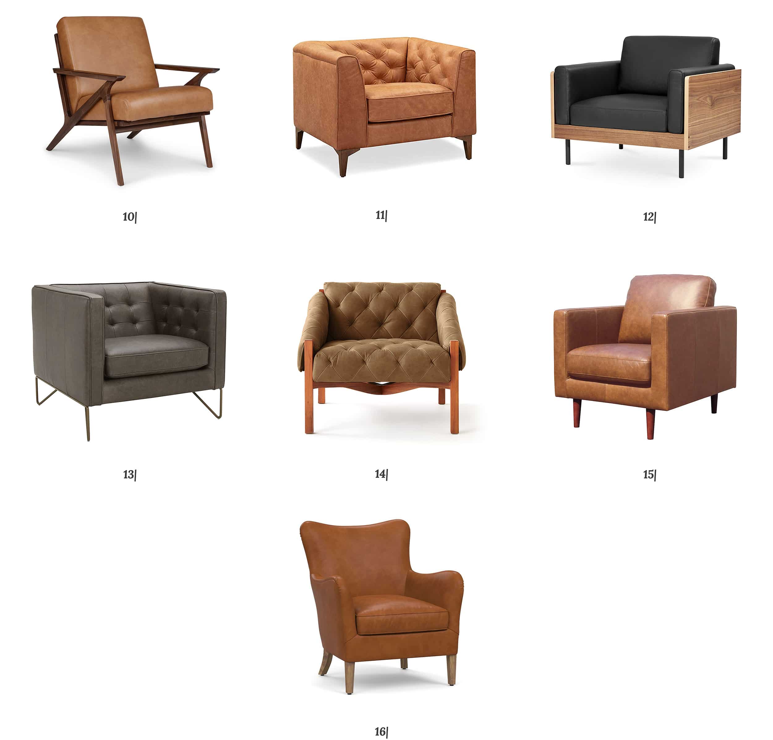 A roundup of 7 leather chairs priced between $750 and $1500 // via Yellow Brick Home