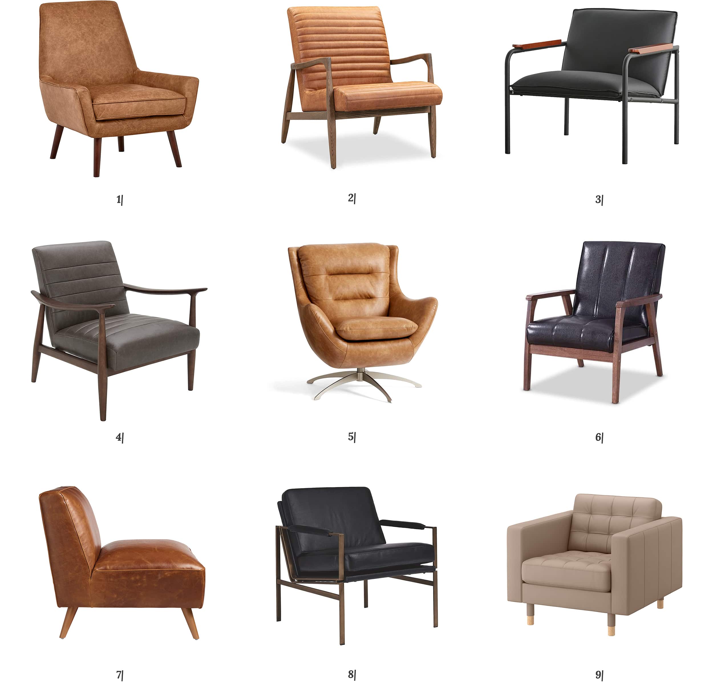 A roundup of 9 leather chairs priced less than $750 // via Yellow Brick Home
