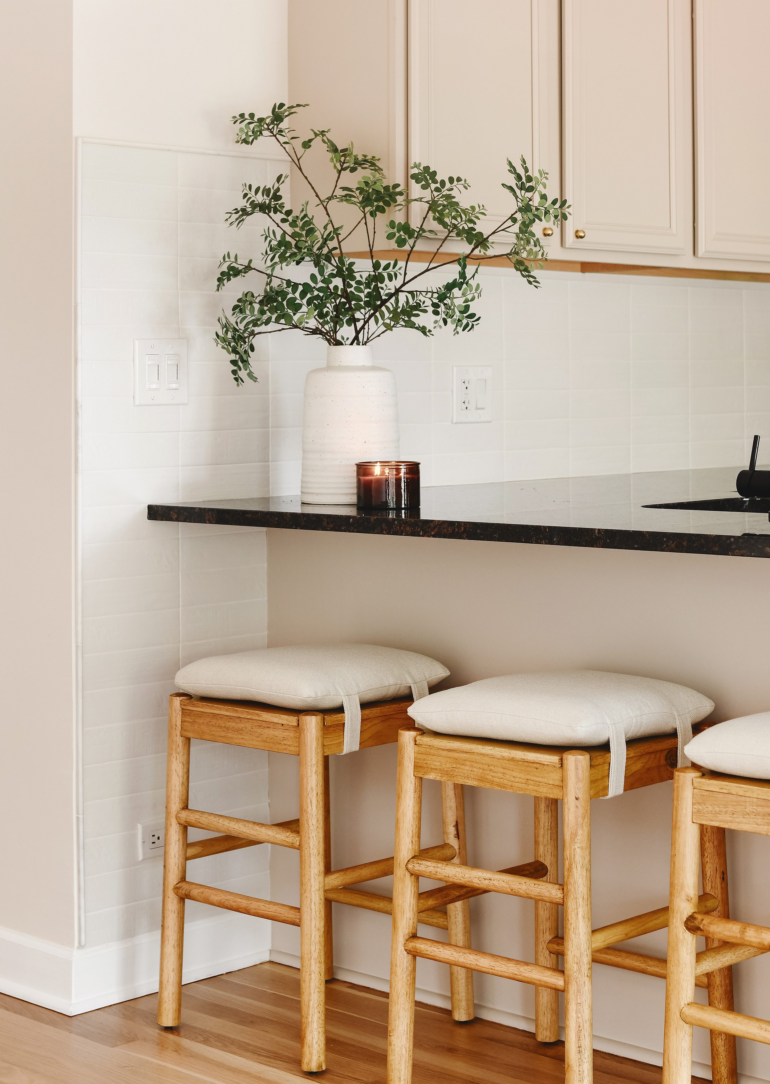 corner of kitchen styled with a ceramic tile backsplash. | via Yellow Brick Home