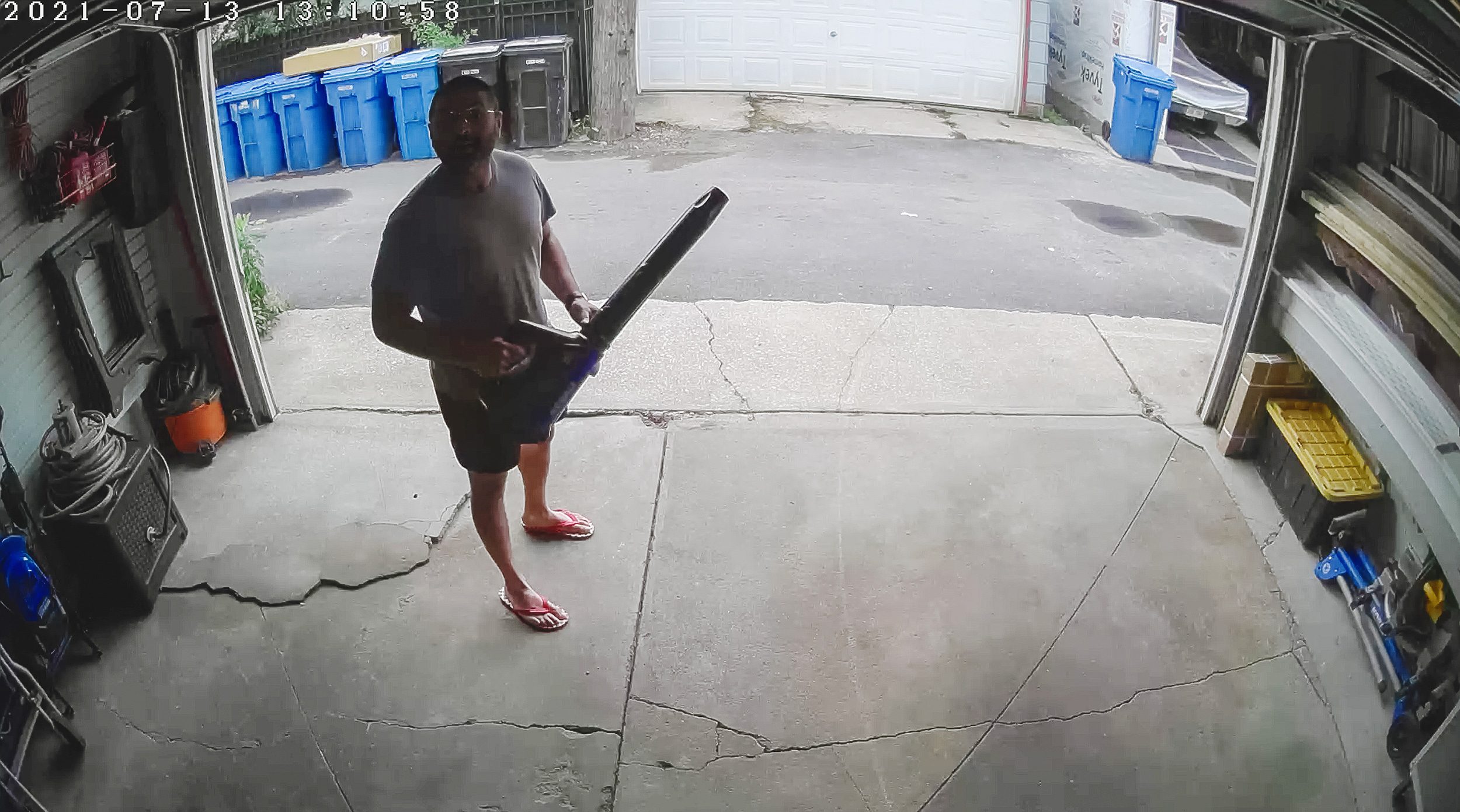 A screengrab of our friend Nithin stopping by to borrow our leaf blower when we weren't around to let him into the garage. 