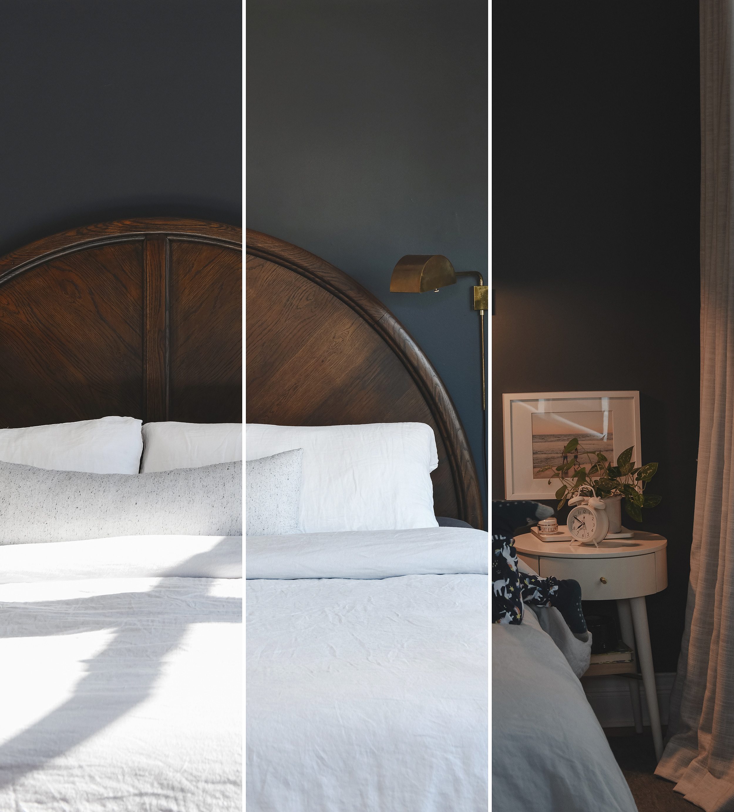 Benjamin Moore Raccon Fur in our primary bedroom at different times of day | via Yellow Brick Home