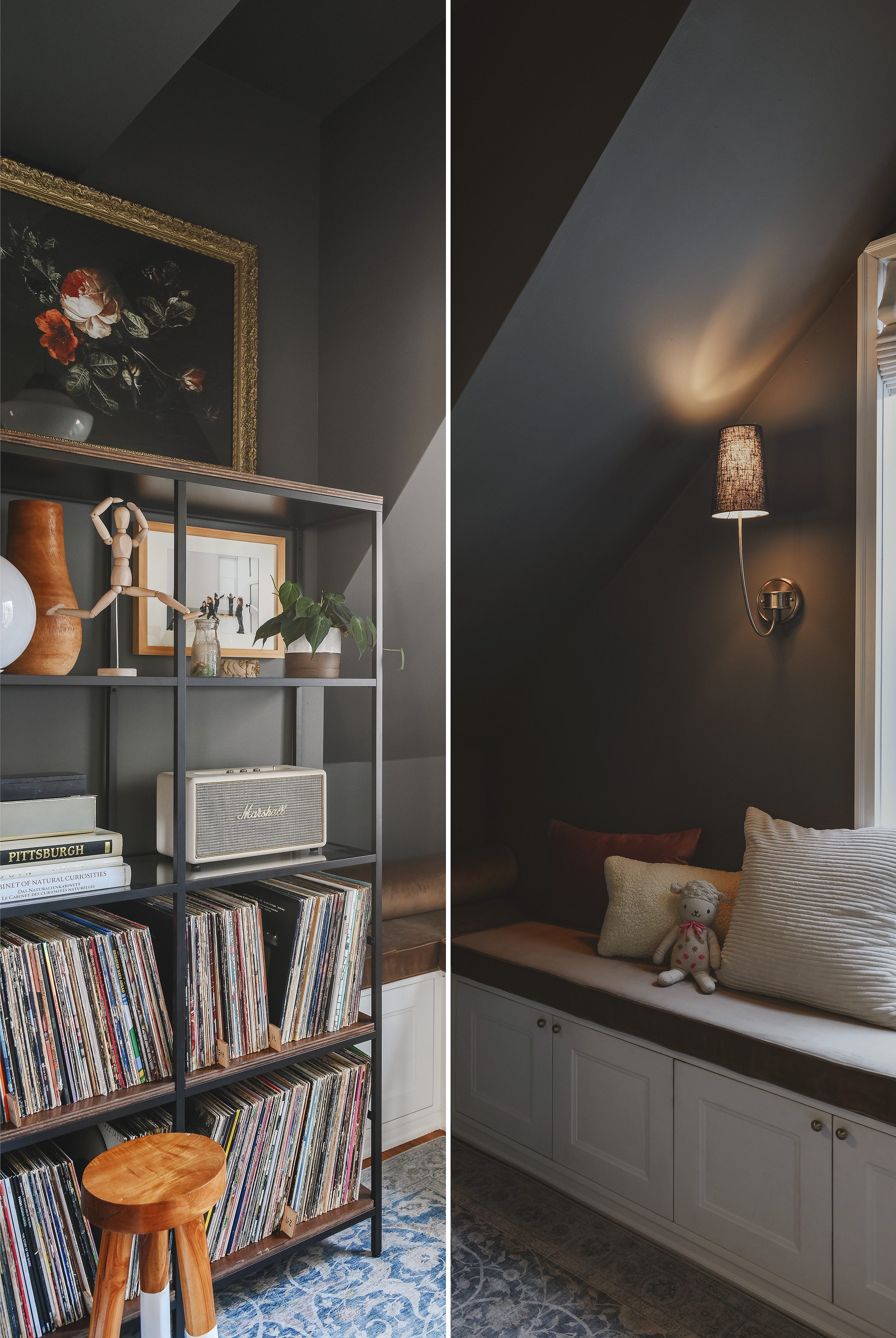 Benjamin Moore Kendall Charcoal in our snug at different times of day | via Yellow Brick Home