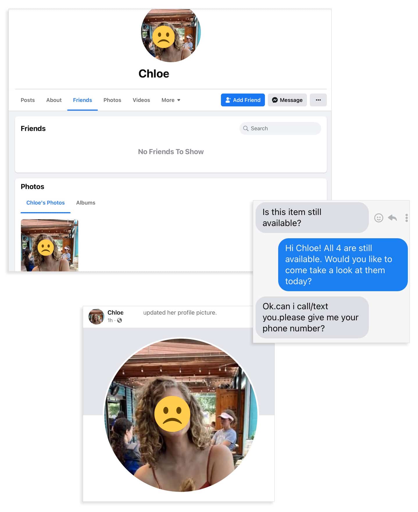 A composite photo displaying how to spot a scammer on Facebook Marketplace. 