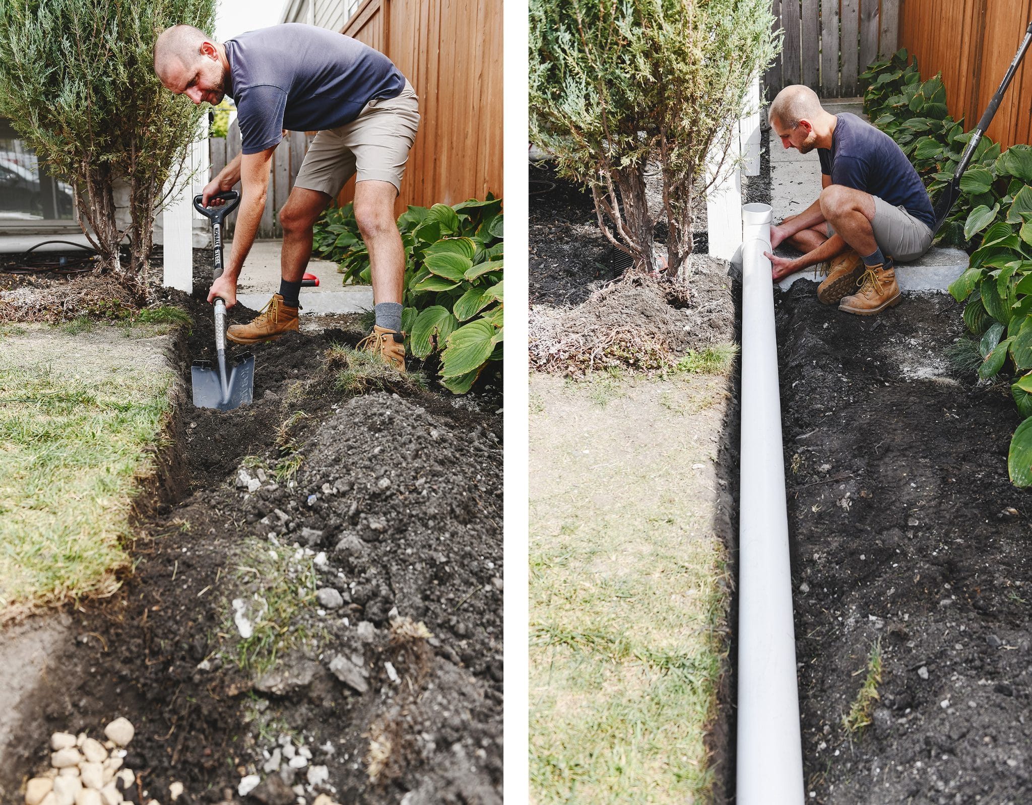 Scott fine tunes the grade of the soil and places the PVC extension into the channel. 