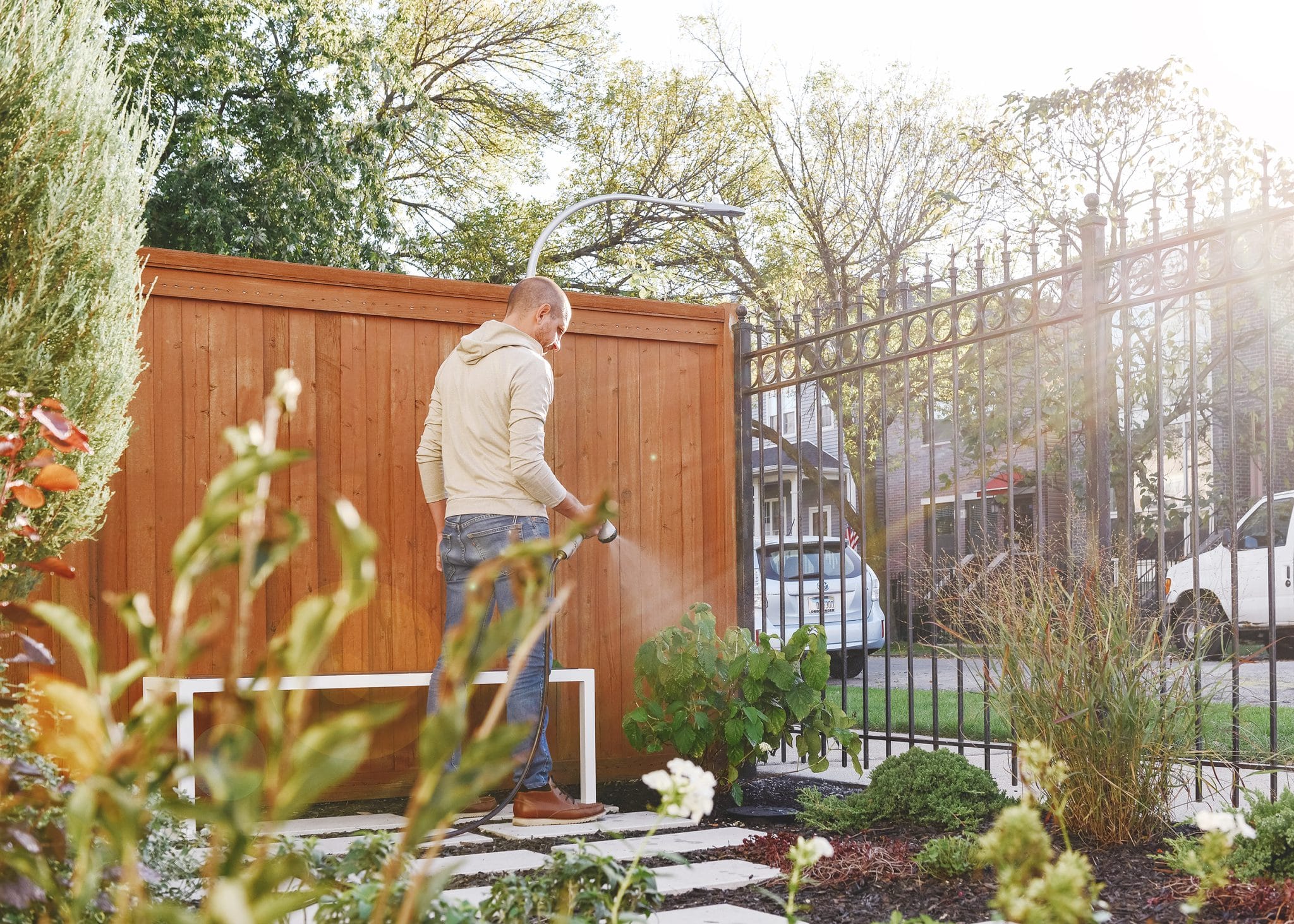 Scott watering our new hydrangea! | via Yellow Brick Home | small yard ideas 