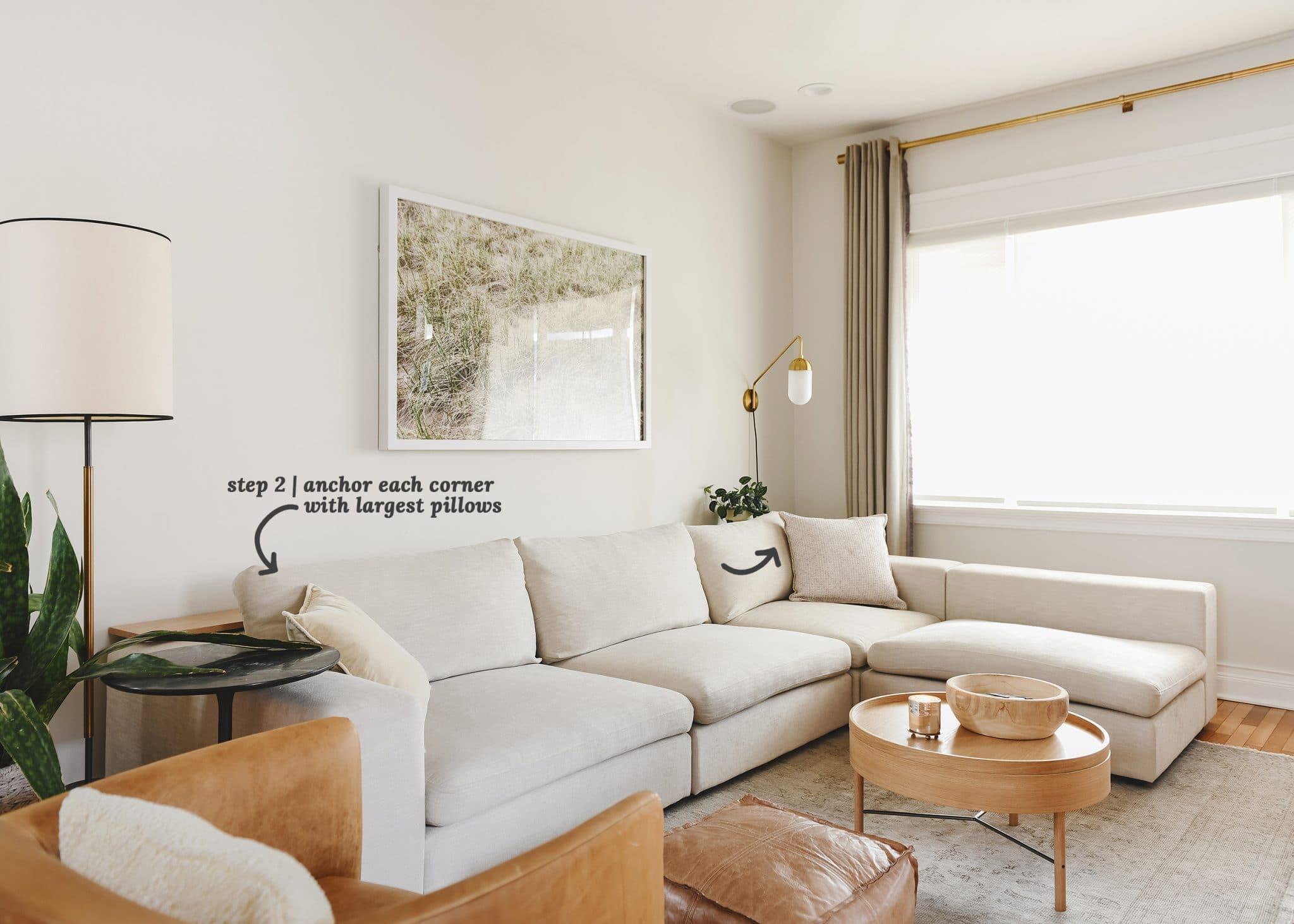 I'm sharing my simple, inviting formula for styling pillows on an L-shaped or U-shaped sofa, via Yellow Brick Home