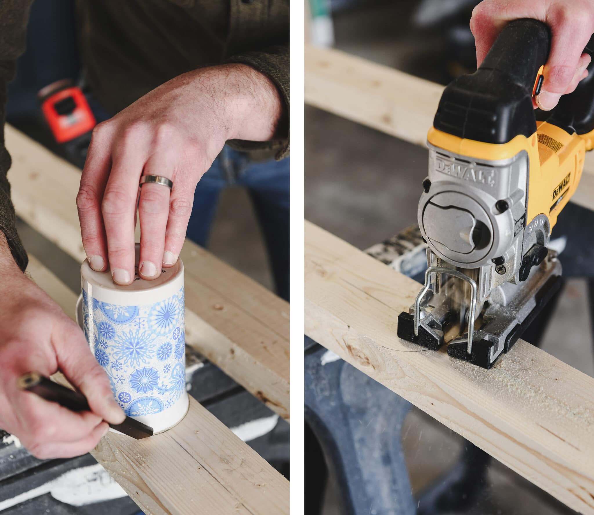 We traced a coffee mug to get the shape we wanted, then cut it out with a jigsaw. via // yellowbrickhome