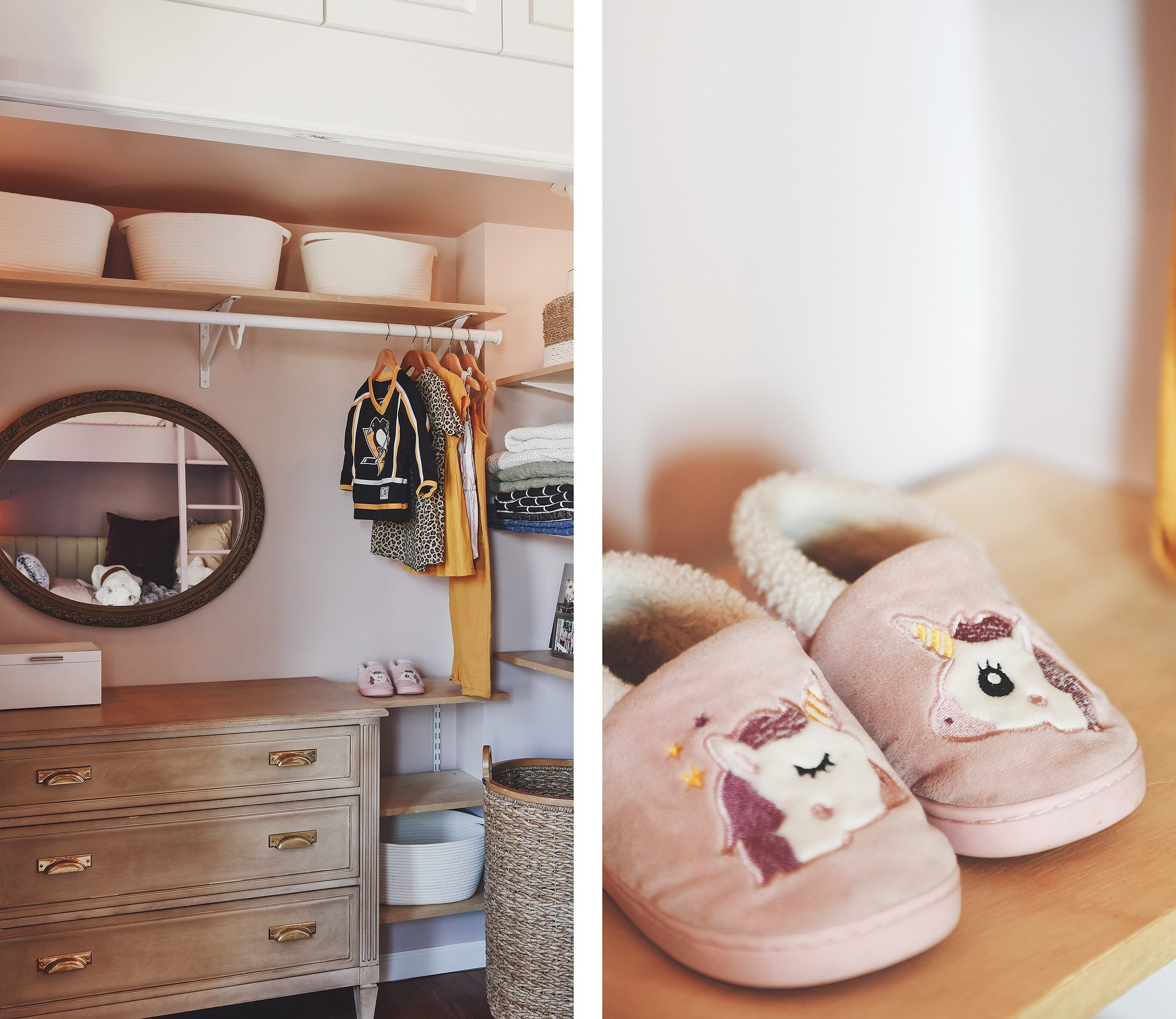 Pink bedroom closet, detail of unicorn slippers | purple and unicorn bedroom for a big kid via Yellow Brick Home