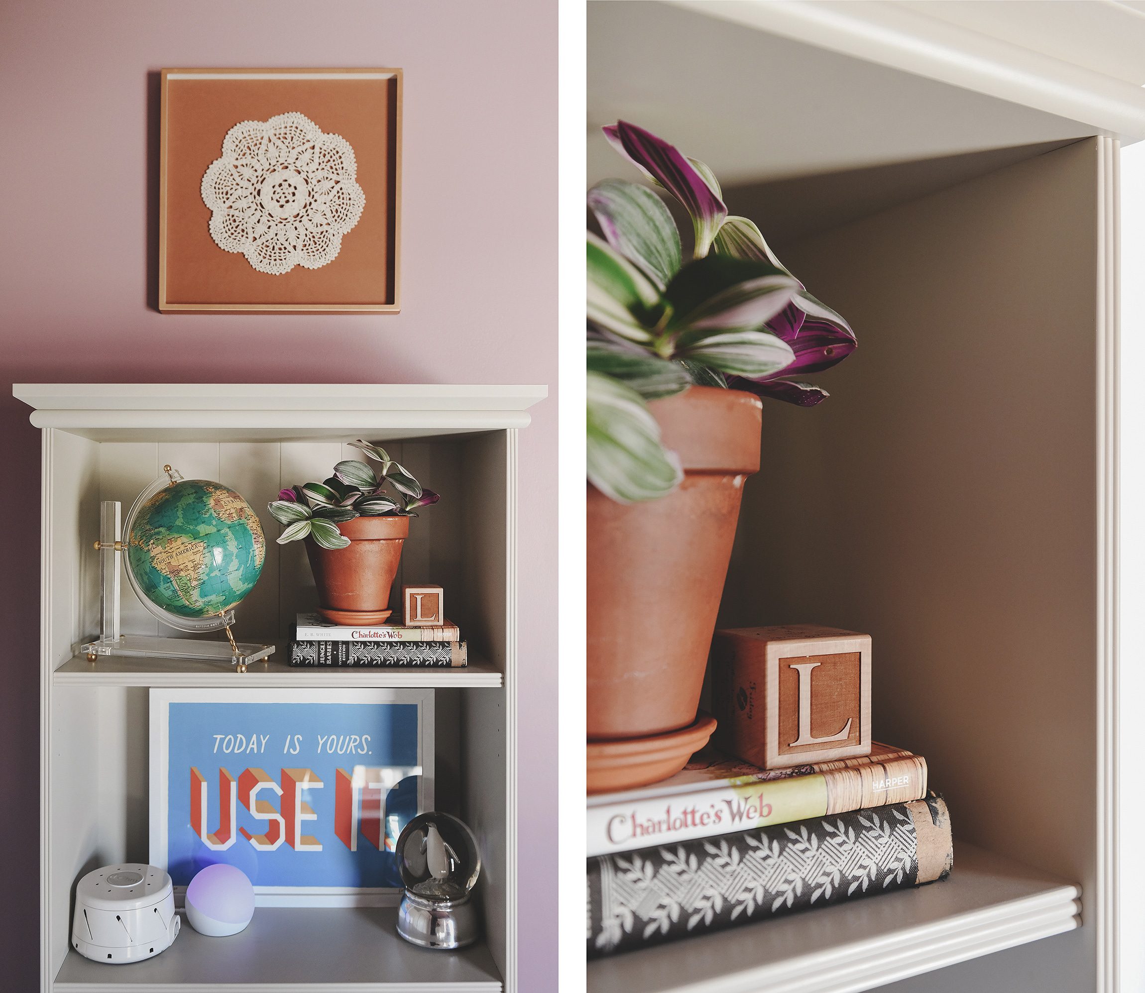 IKEA bookcase details with vintage art, plants and echo lamp | purple and unicorn bedroom for a big kid via Yellow Brick Home