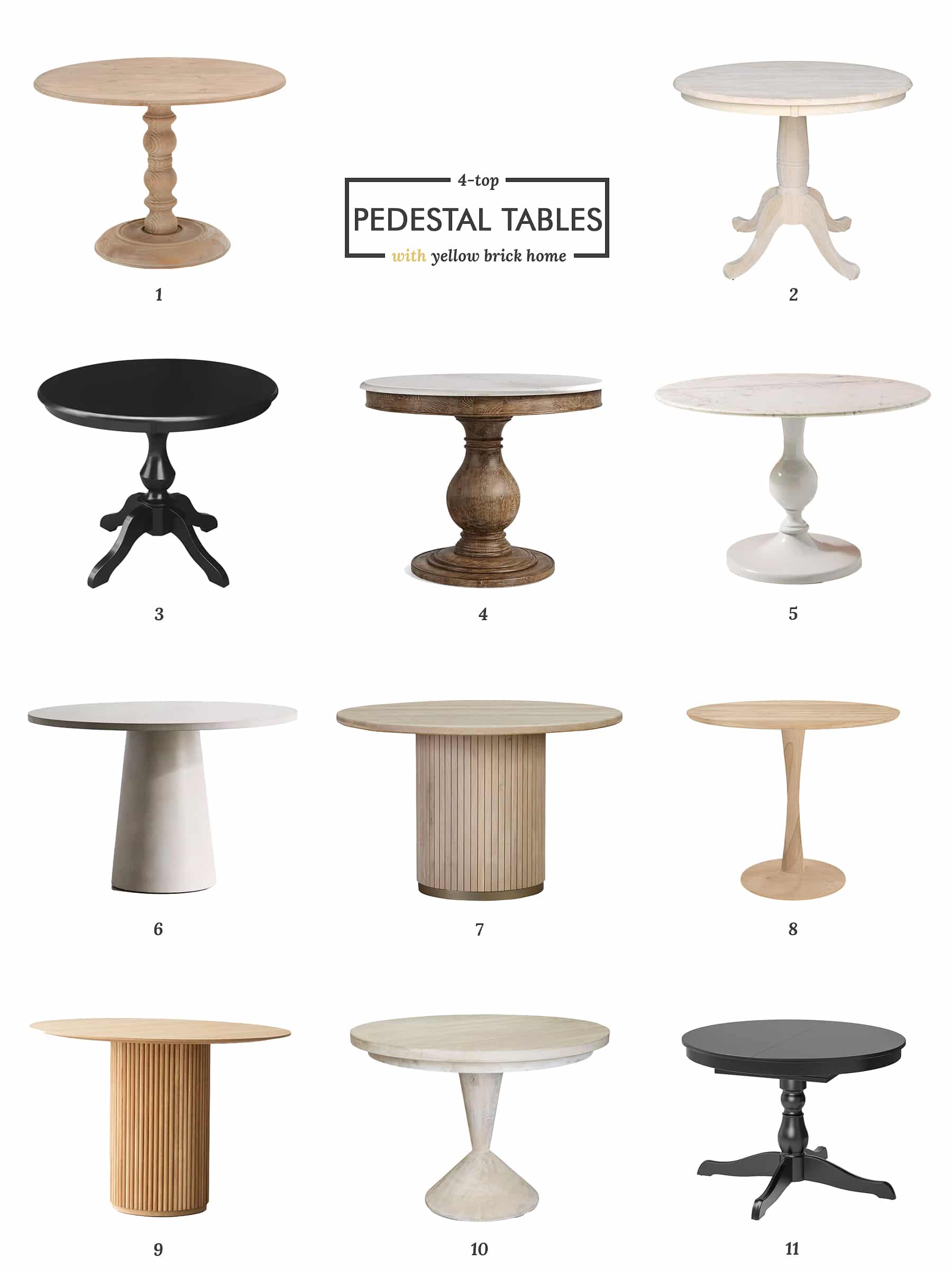A round-up of 20 4-top pedestal tables we considered for our kitchen renovation | via Yellow Brick Home

pedestal tables, 4-top tables, bistro tables, 4 seater tables, small kitchen table