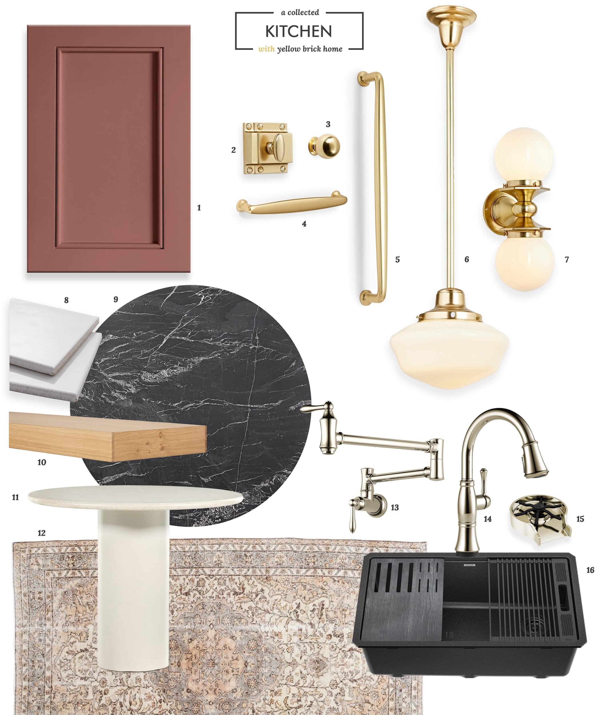 Our kitchen mood board, featuring earthy red, black marble and brass. via Yellow Brick Home