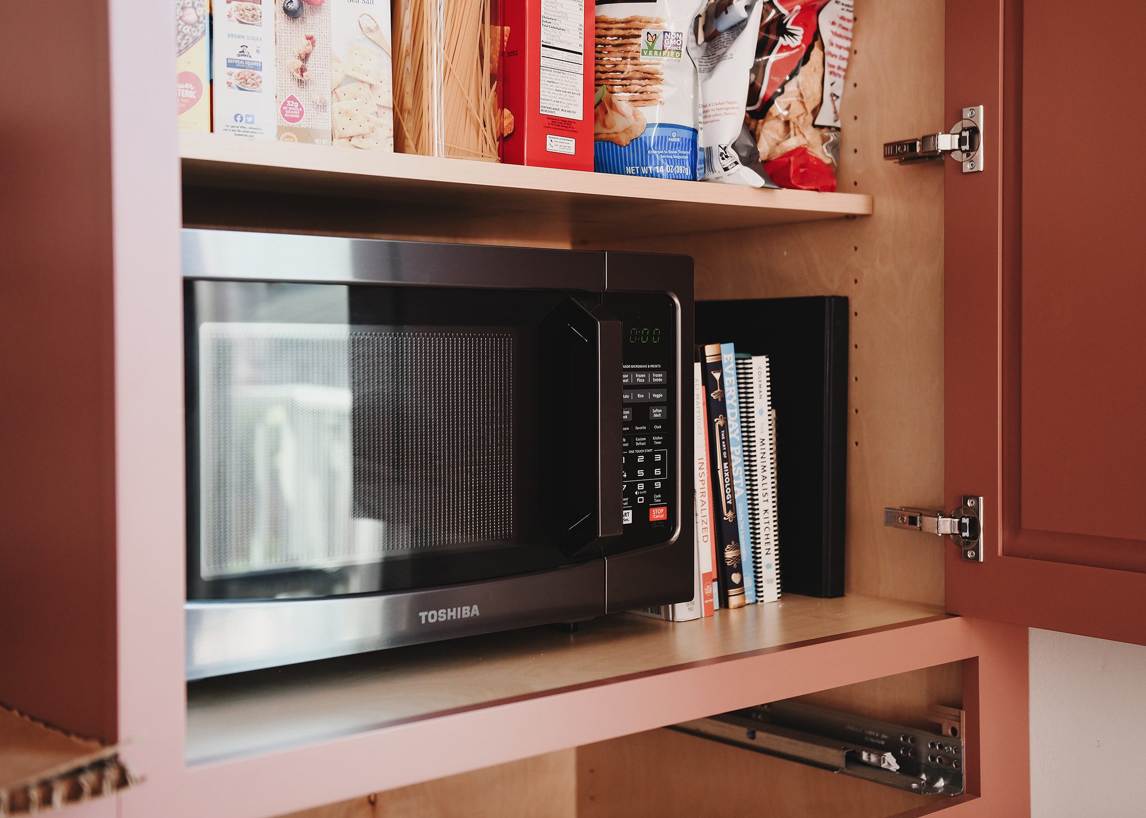 Our microwave, tucked into the pantry | How we've gotten by for 2 months without a working kitchen | via Yellow Brick Home