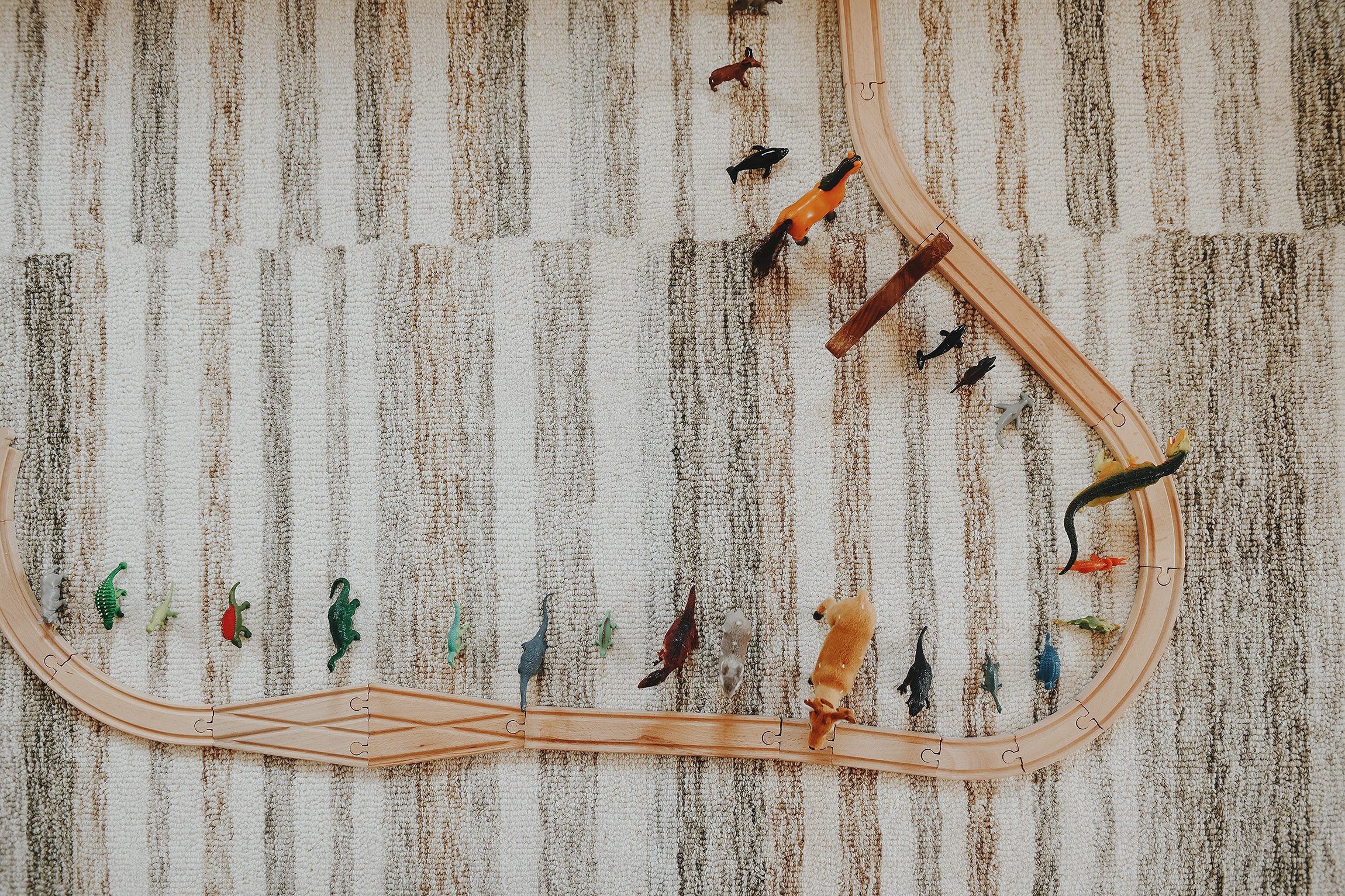 wool rug with wooden train set and a row of toy dinosaurs