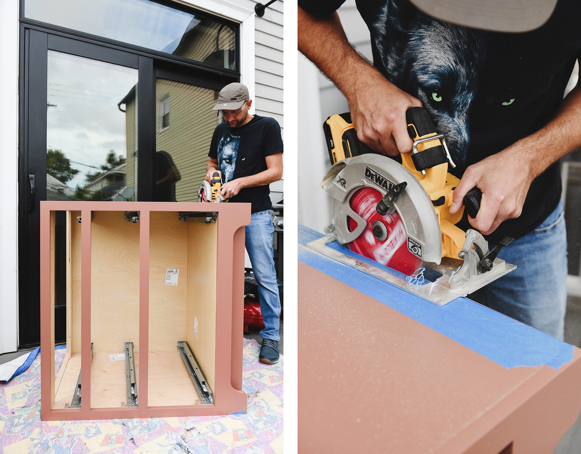 Scott trims 1/2" off of the back of each cabinet with a circular saw // via Yellow Brick Home