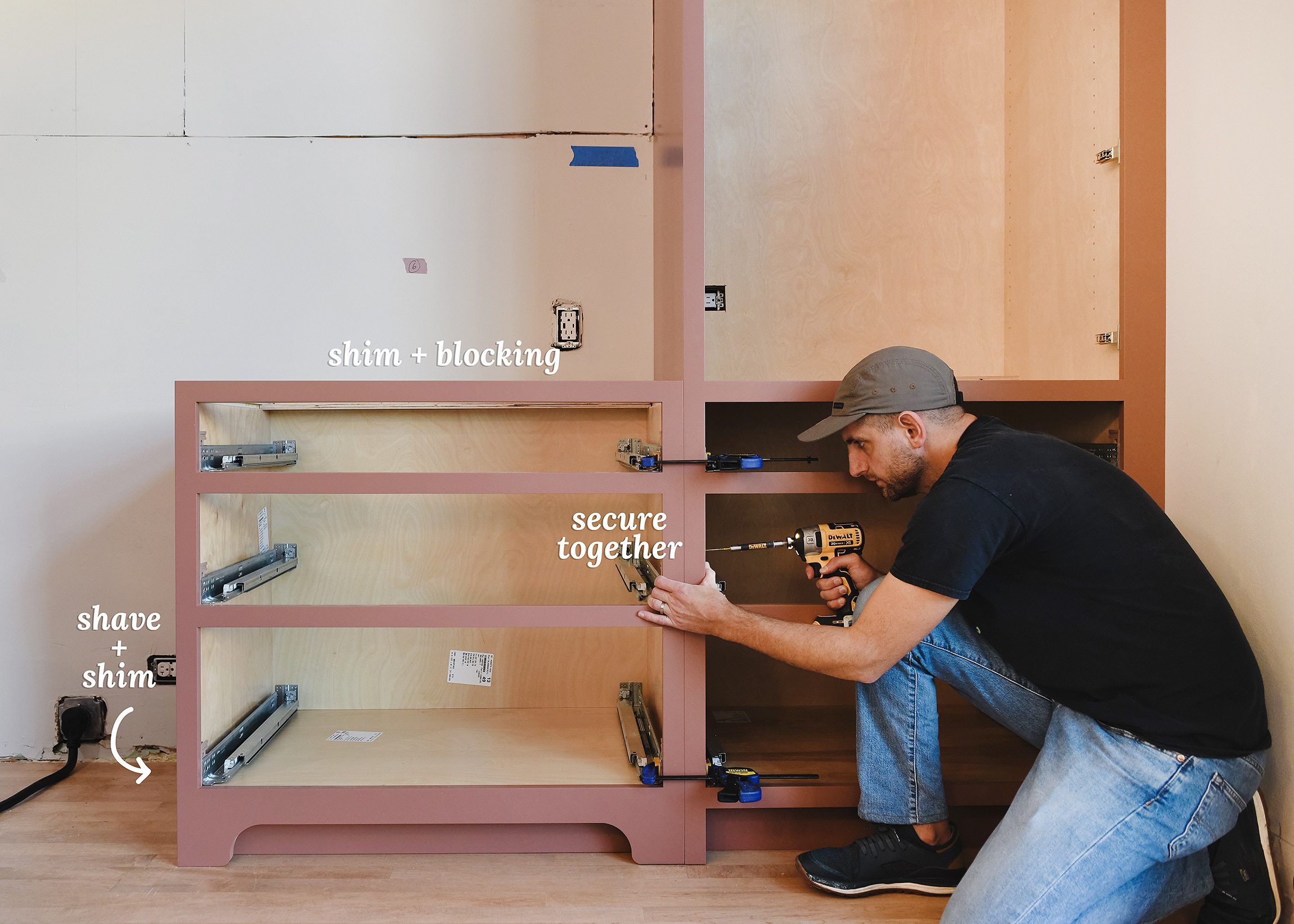 Scott joins two cabinet face frames together with specialty screws // via Yellow Brick Home