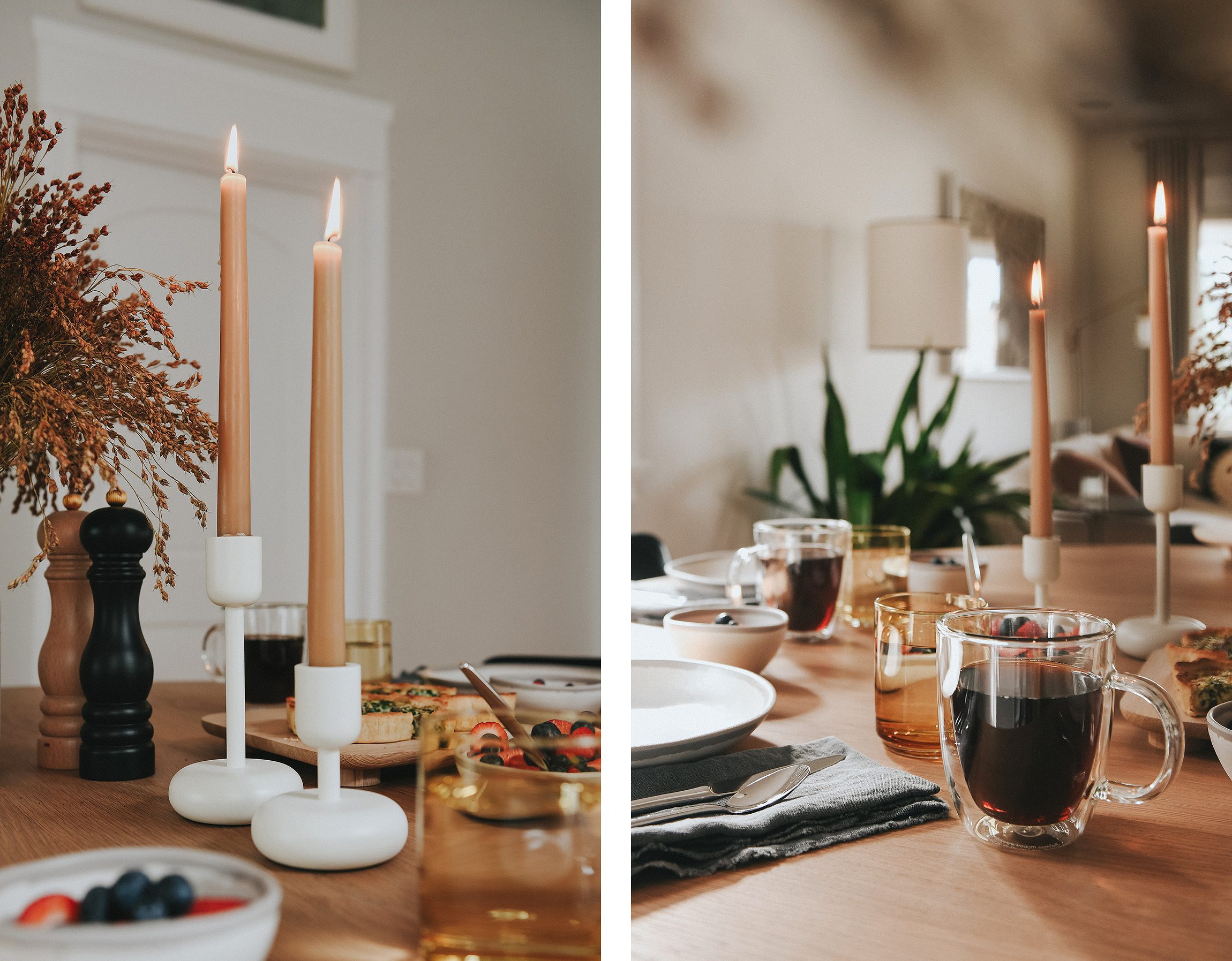 Beeswax candles, double wall glass coffee mugs and a brunch spread featuring items from AllModern | via Yellow Brick Home
