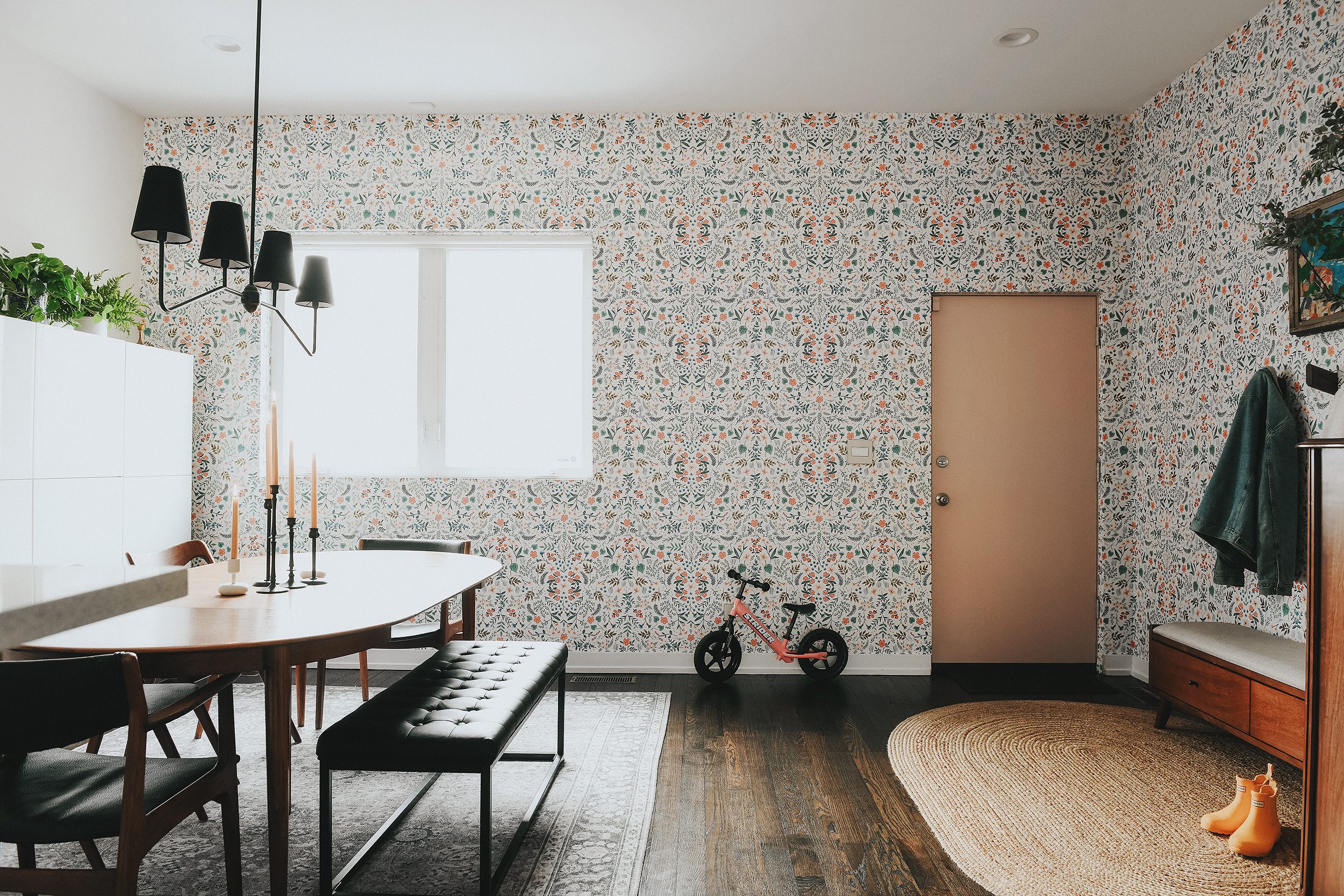 wallpaper wide view, used as an accent in a dining room | via Yellow Brick Home