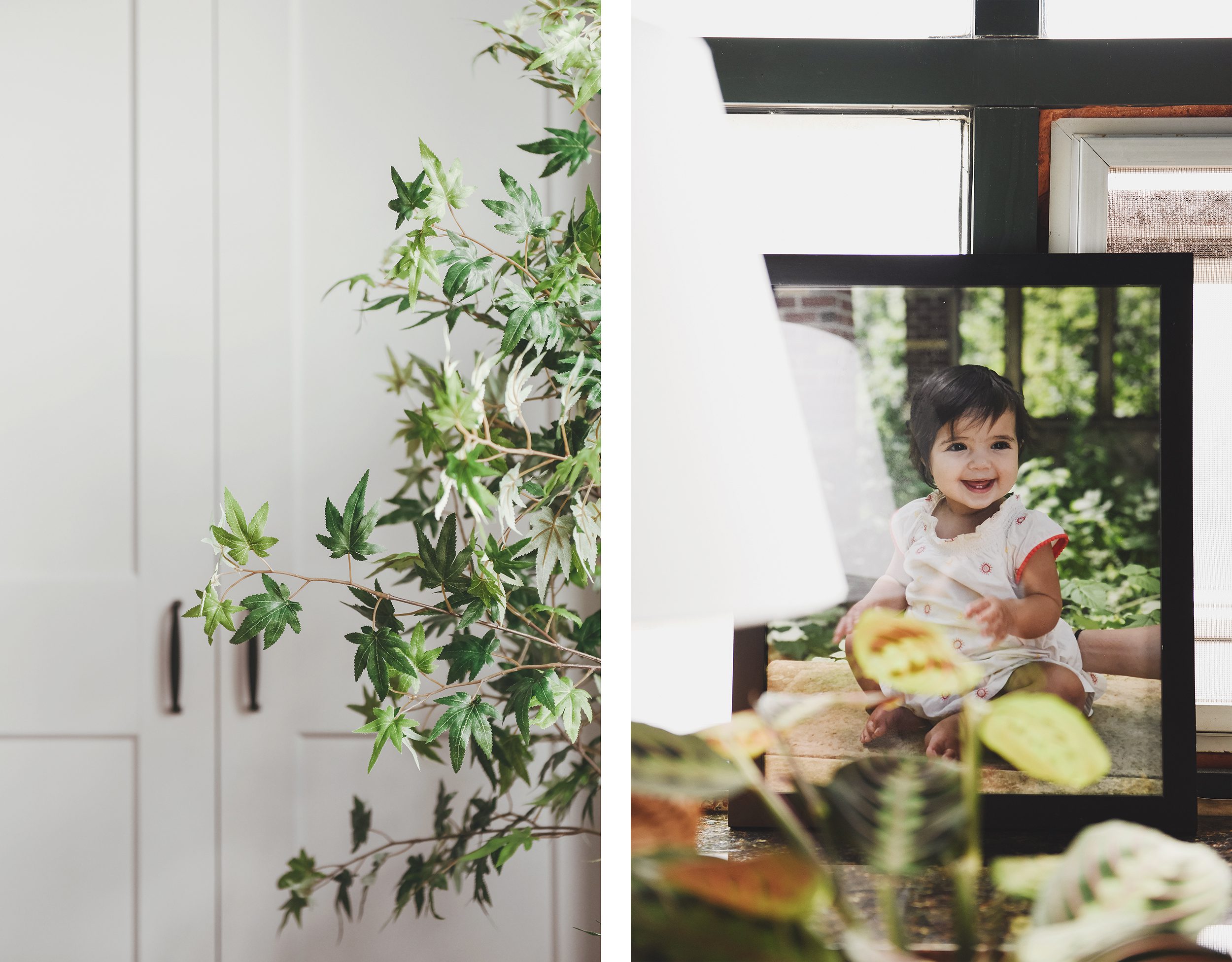 The faux tree and family photos give the space a lively, personal touch // via Yellow Brick Home