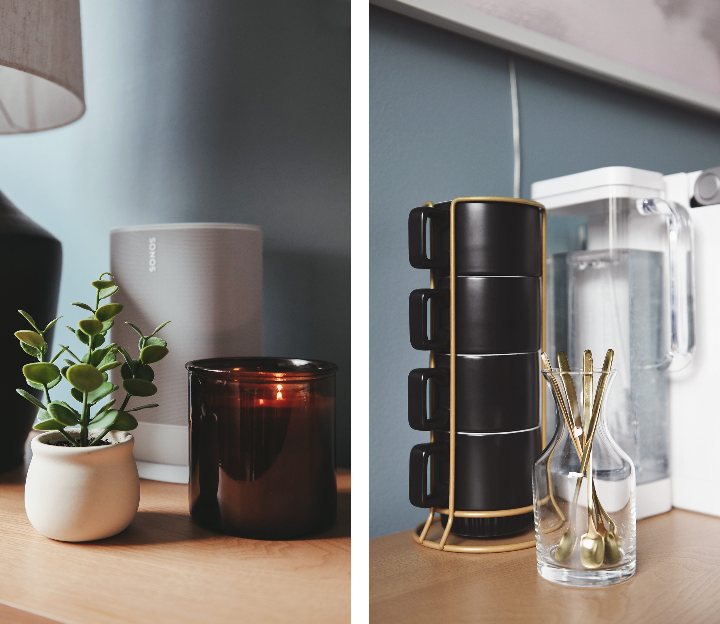 The Sonos speaker, coffee maker and candle set the mood for relaxed functionality // via Yellow Brick Home