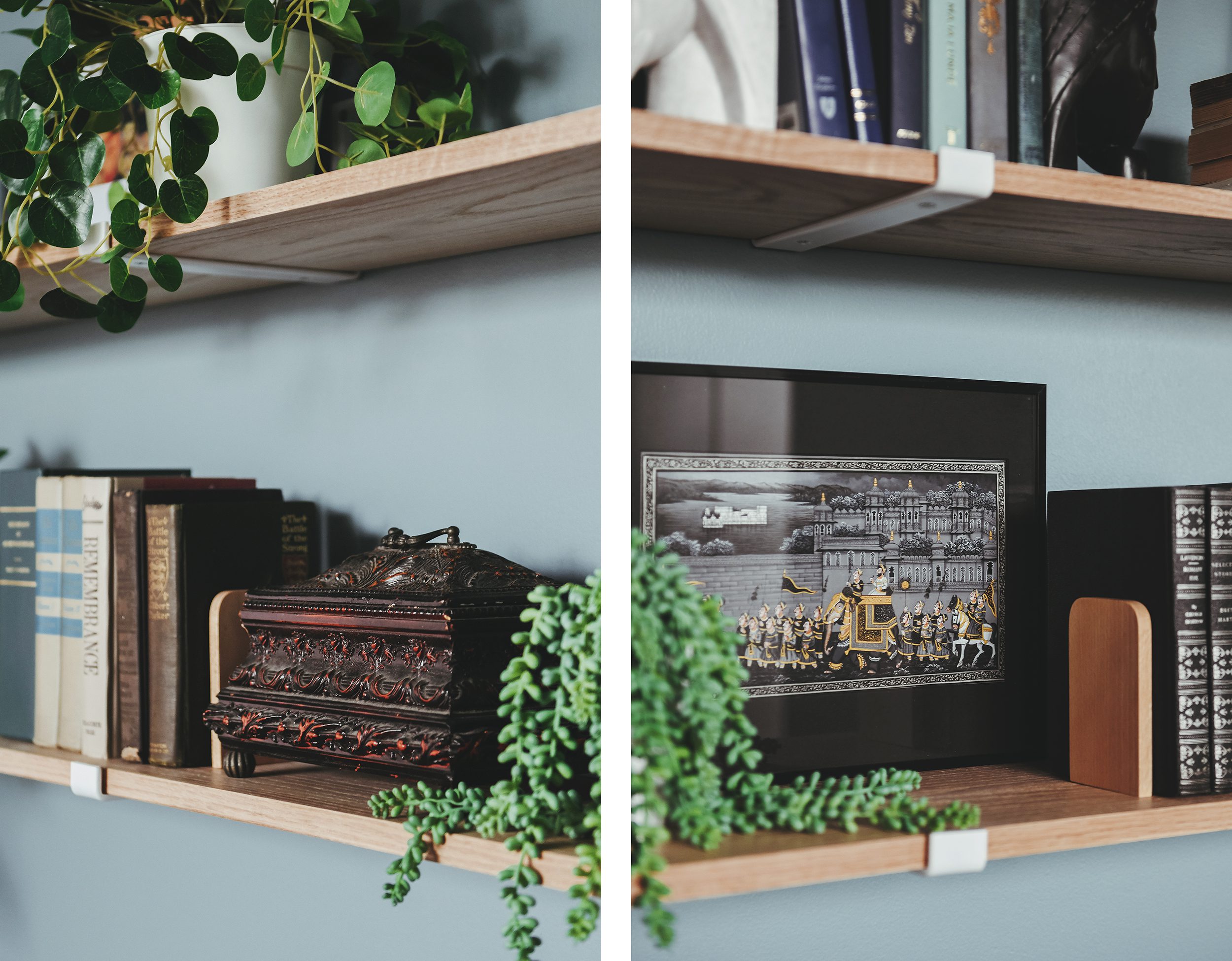The custom oak shelving is full of books, family memories and found objects // via Yellow Brick Home