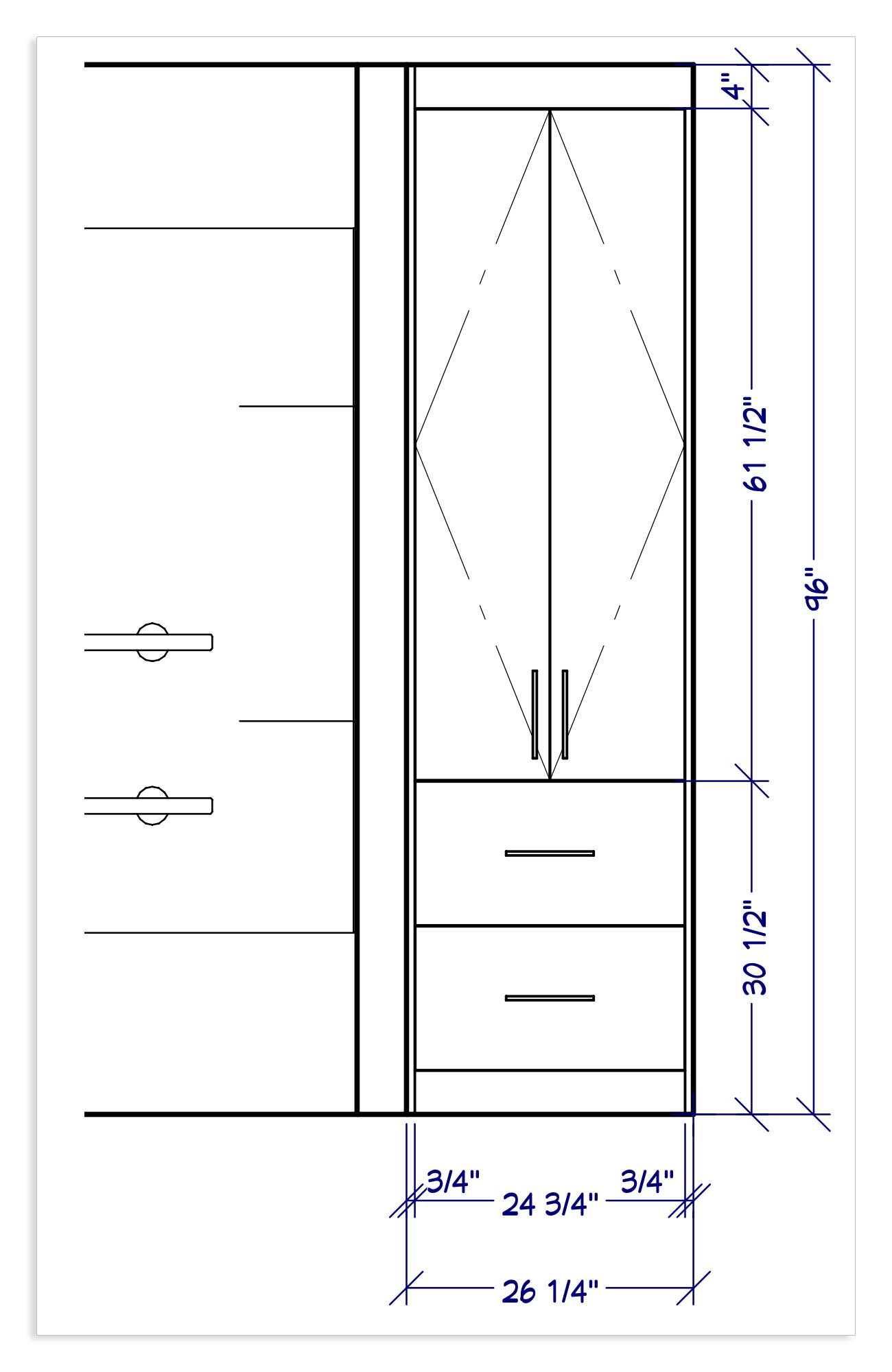 The details and dimensions of the custom linen closet cabinet. // via Yellow Brick Home