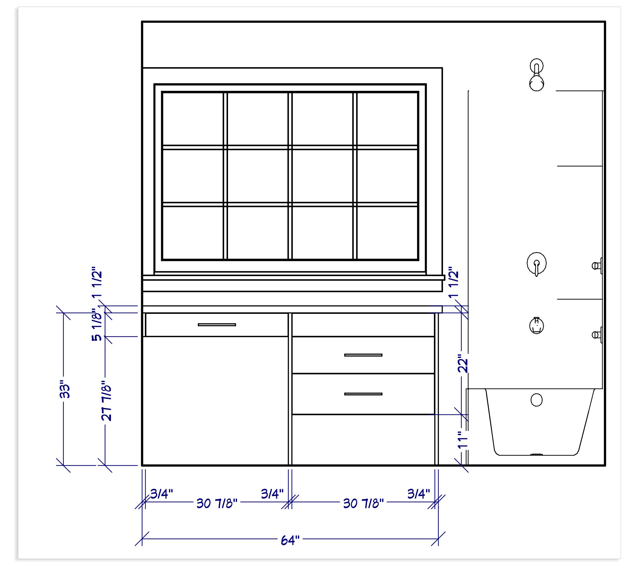 Line drawings and dimensions of the custom makeup station/vanity. // via Yellow Brick Home