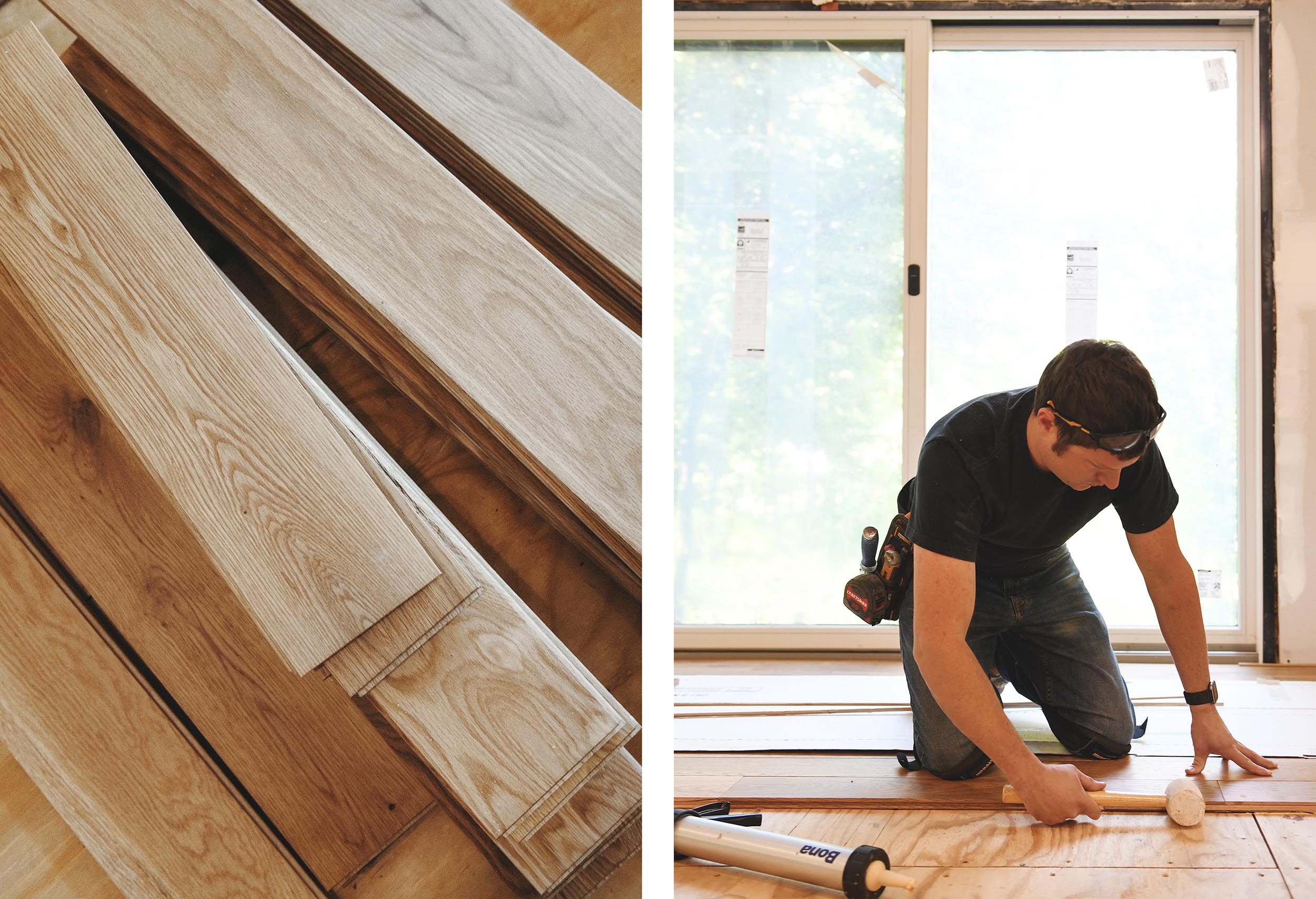 Flooring being installed with the glue-assist method // via Yellow Brick Home