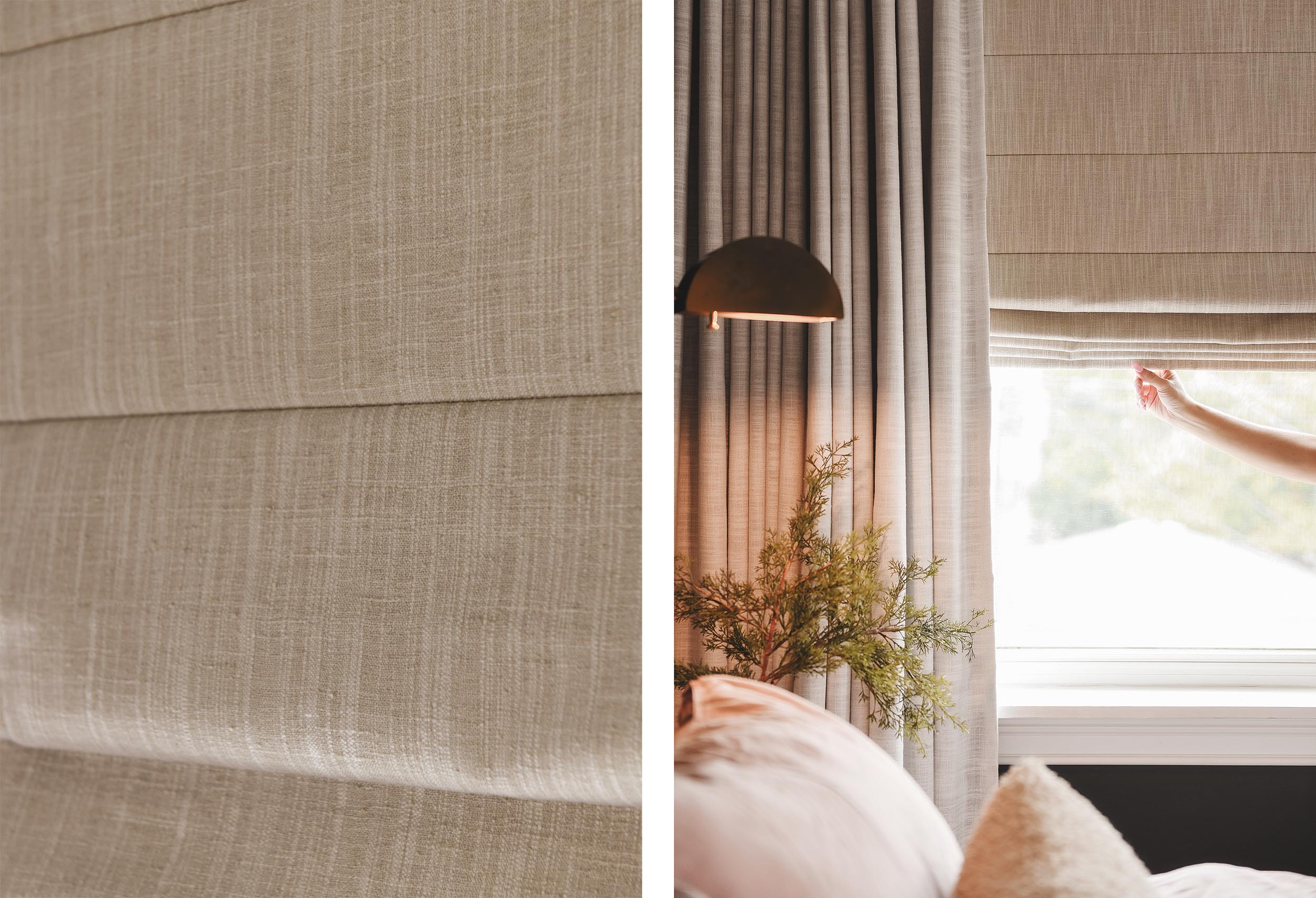 Details of the Tailored Roman shades in our Chicago primary bedroom // via Yellow Brick Home