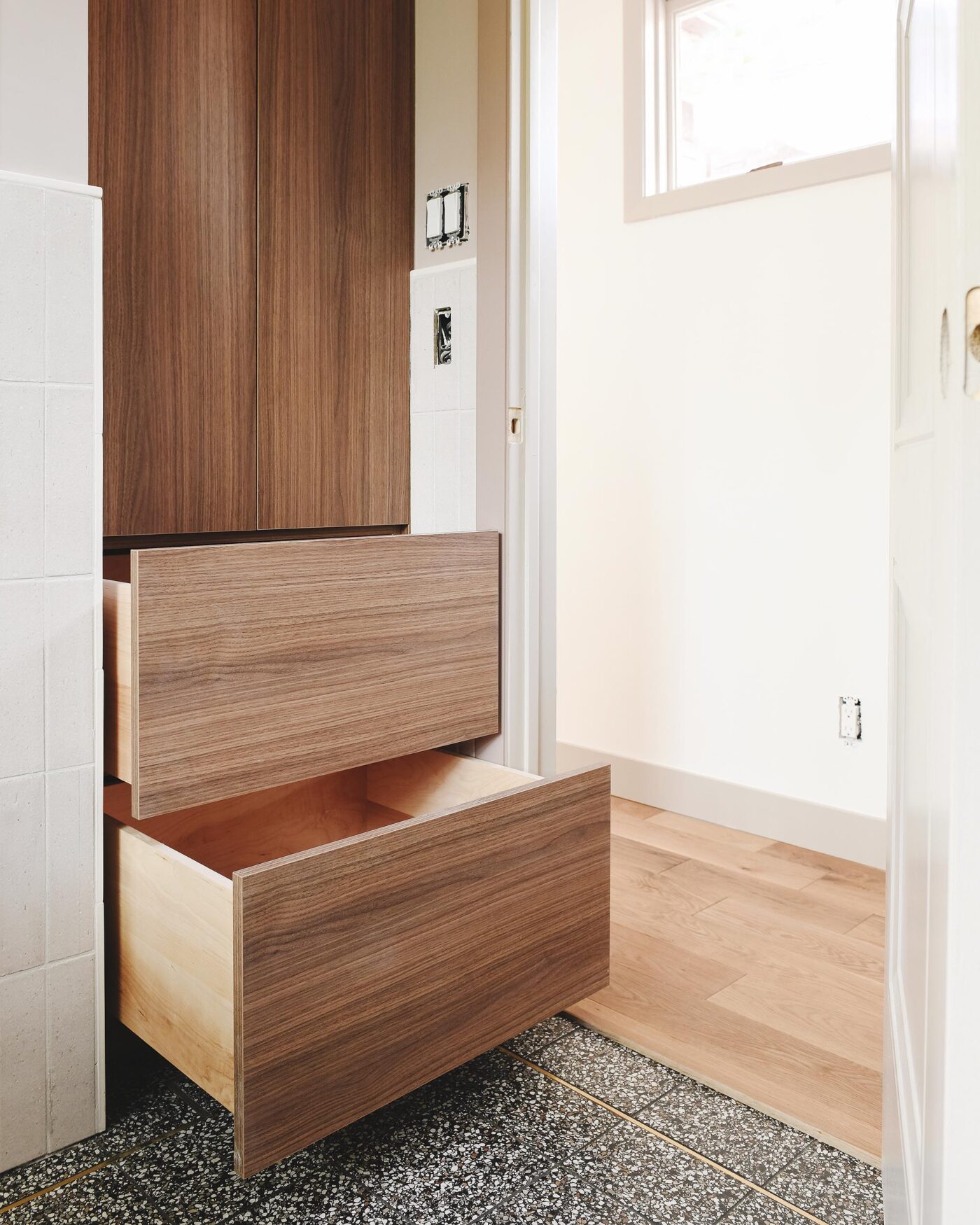 Our custom Cabinet Joint Access linen cabinet installed in the big bathroom at the Red House // via Yellow Brick Home