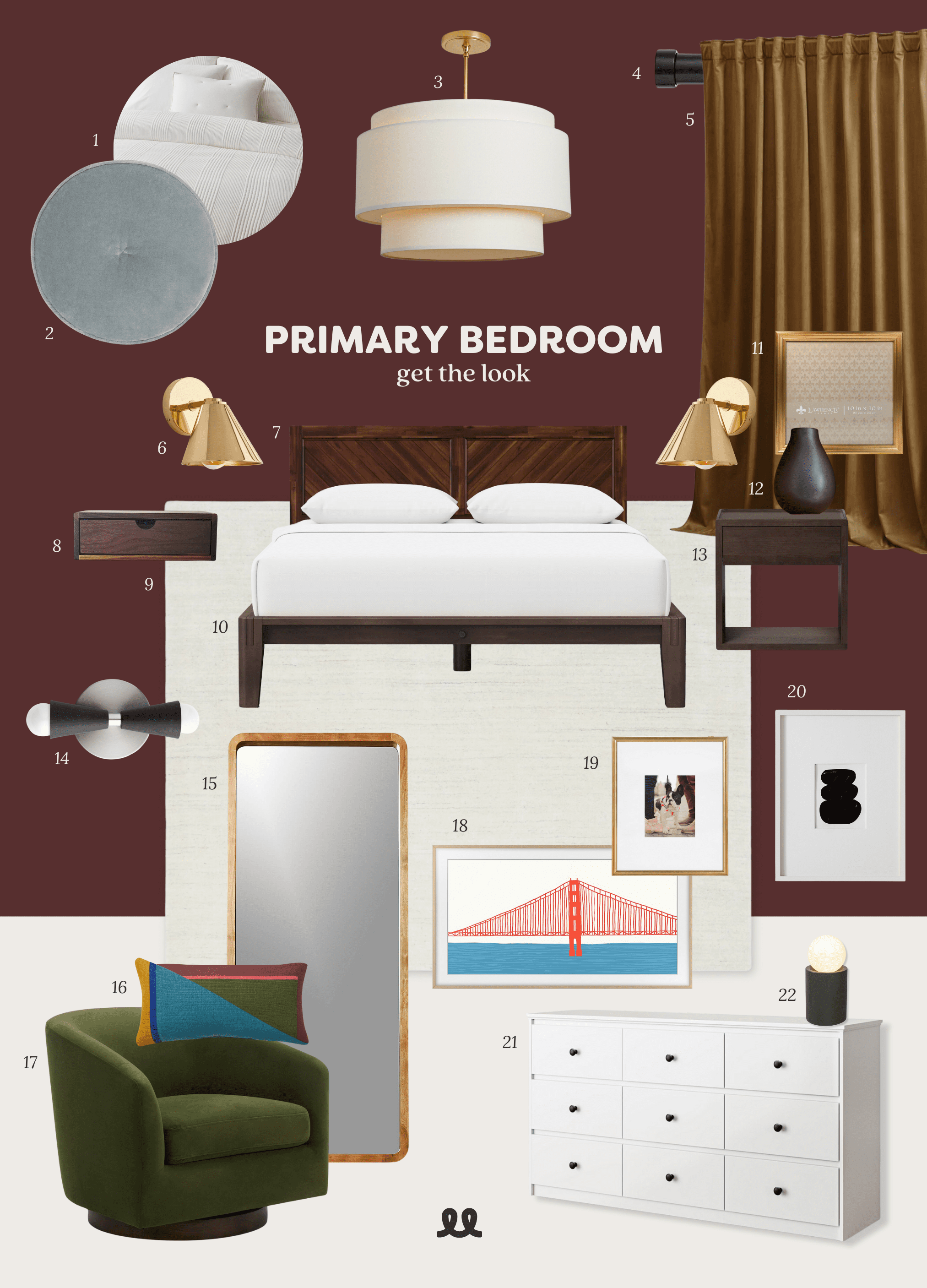 A mood board of our red bedroom, including similar finds to our vintage pieces | design by Yellow Brick Home