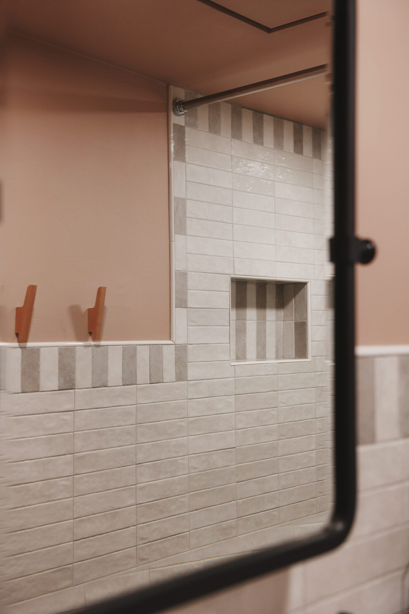 The completed bathroom with additional lighting, a raised ceiling, fresh tile and a whole lot of color // via Yellow Brick Home