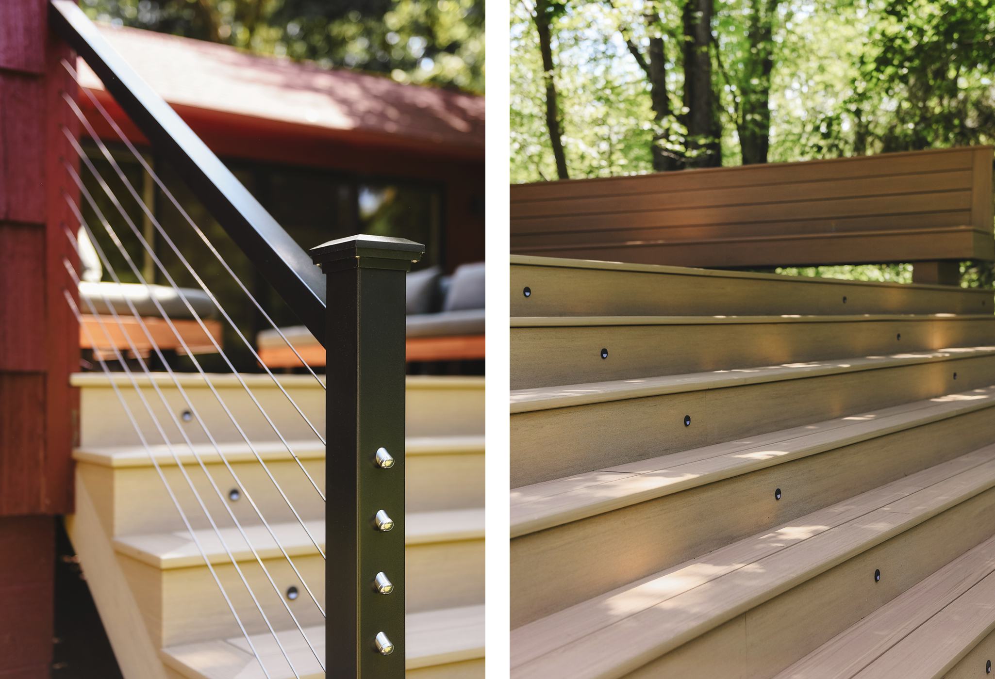 A closeup of the railings and stairs of our completed TimberTech deck at our Michigan Red House // via Yellow Brick home