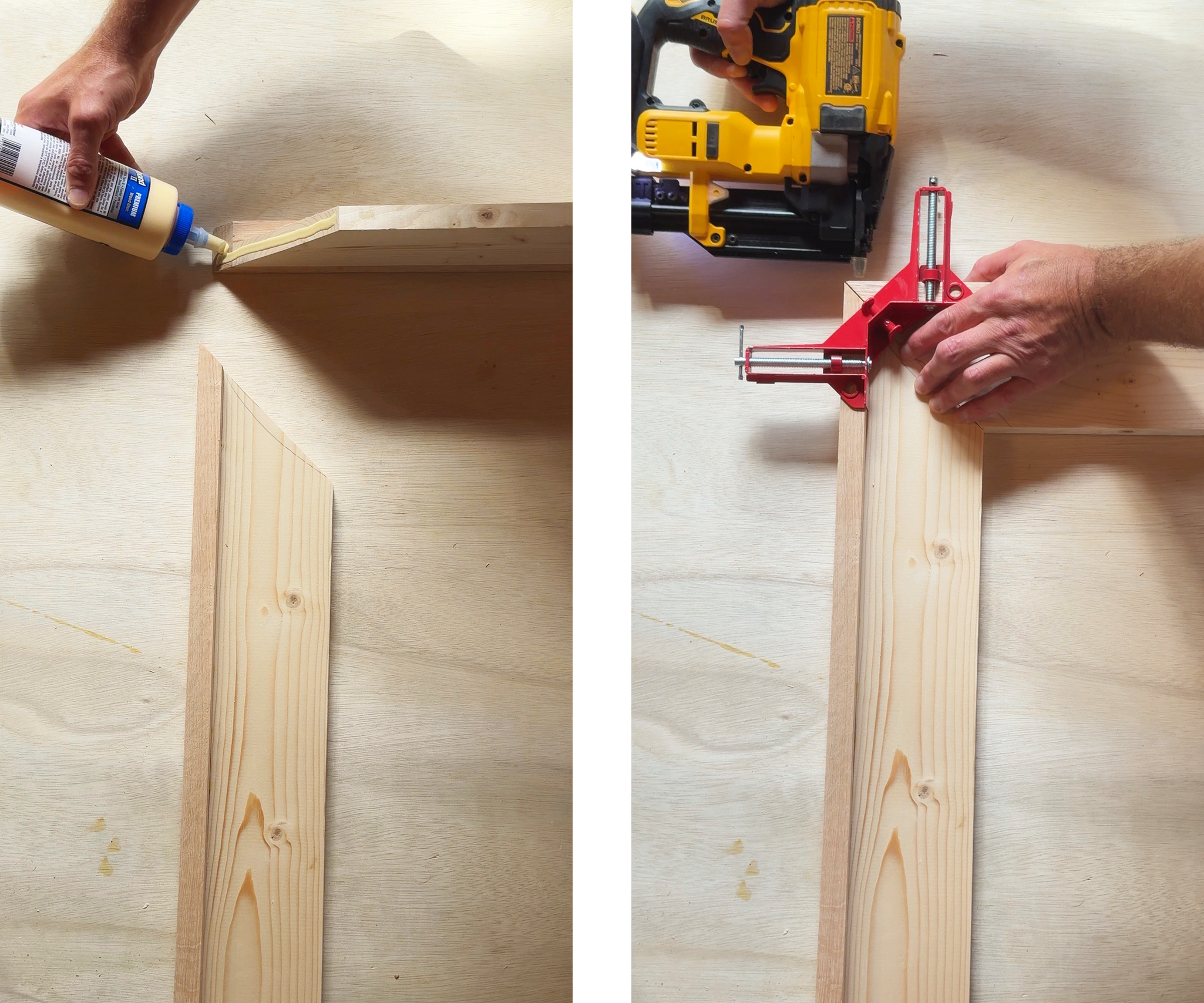 Corner clamps hold the frame pieces together while we nail // via Yellow Brick Home