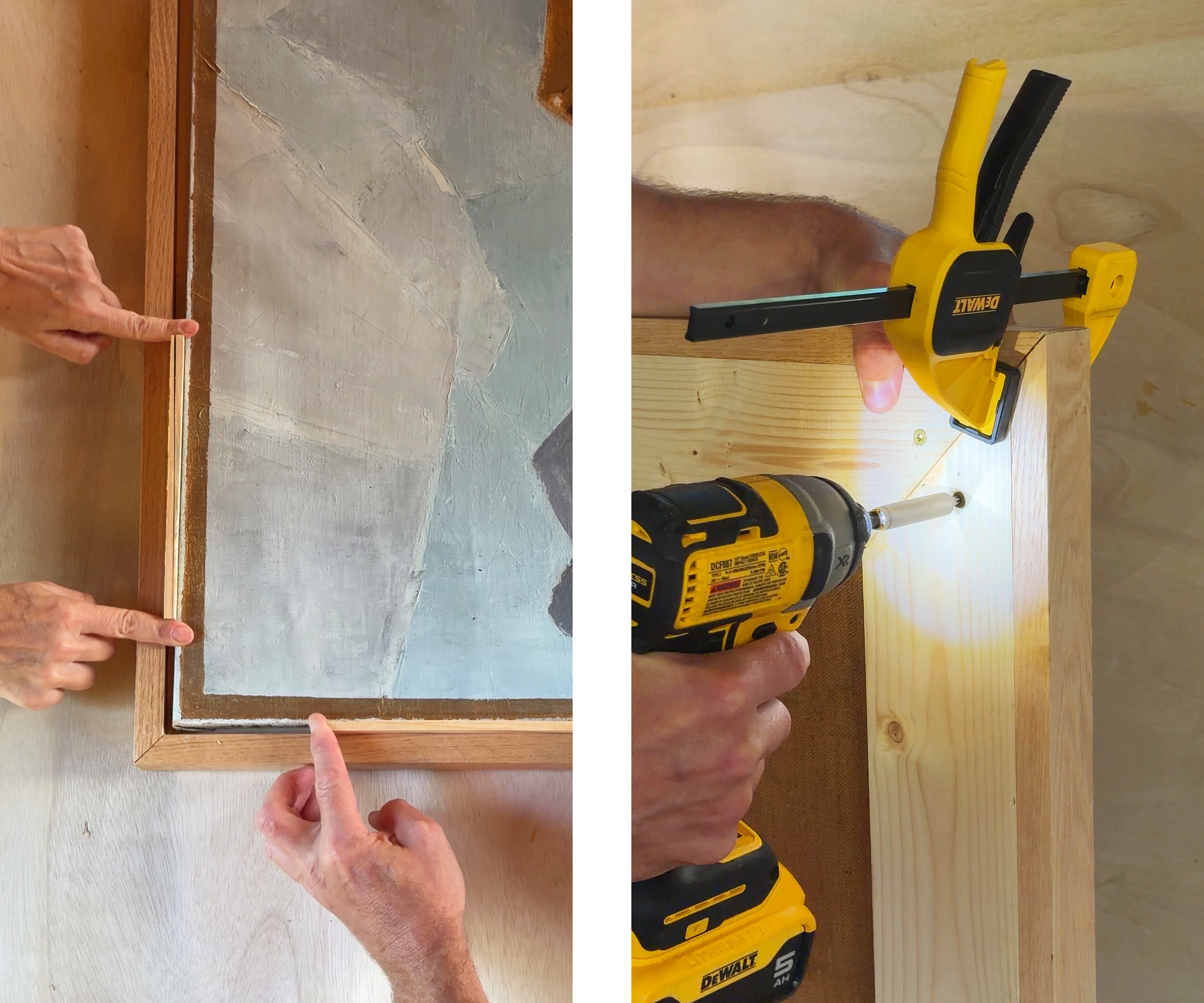 Final fastening of custom wood frame // via Yellow Brick Home